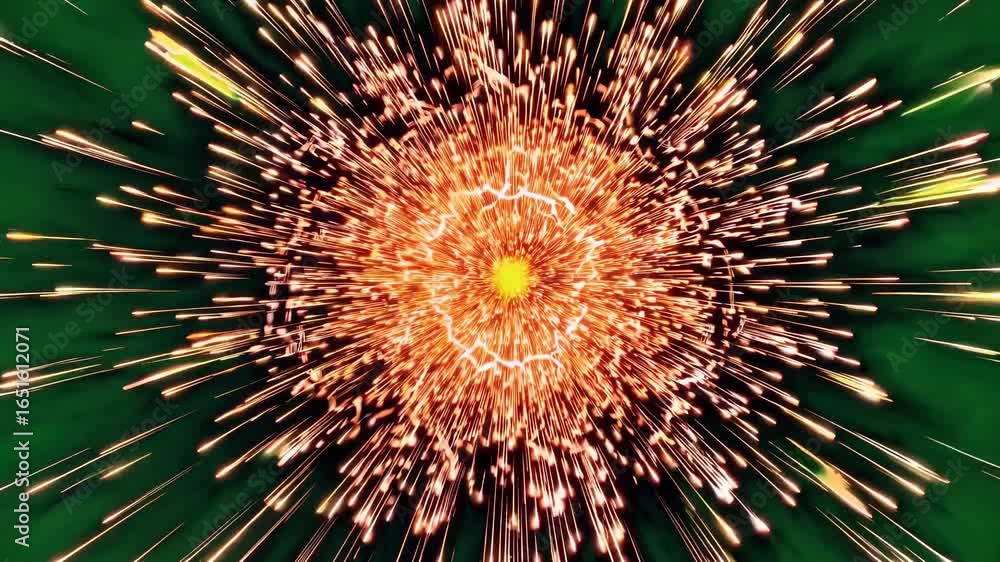 Poster green screen display of an explosive spark animation with dynamic lighting effects and particles aga