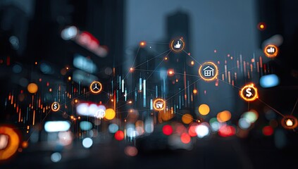 Night city skyline with financial data overlay