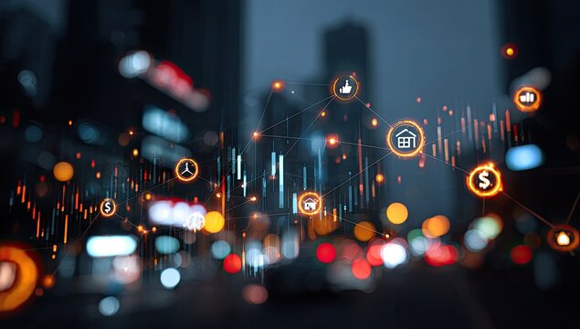 Night city skyline with financial data overlay