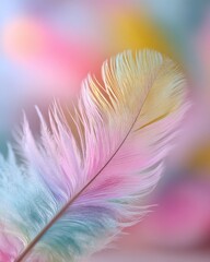 Pastel-hued feather, delicate and soft, against a blurred, vibrant background of pink, yellow, and teal