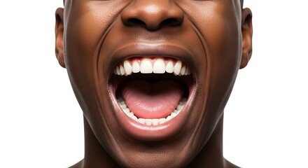 A Powerful Roar: Extreme Close-Up of a Black Man's Open Mouth and Perfect Teeth
