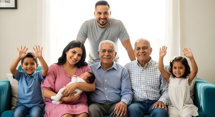 Joyful Four-Generation Hispanic Family Portrait Celebrating a Newborn in a Sunlit Room