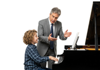 Piano lesson interaction between teacher and student studio setting bright environment eye-level perspective isolated on transparent background