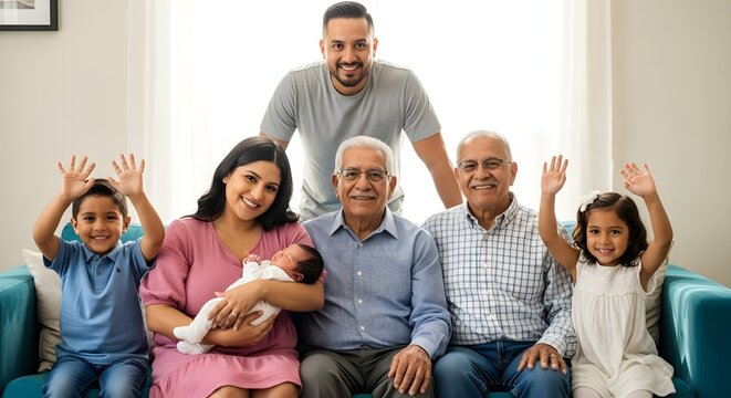Joyful Four-Generation Hispanic Family Portrait Celebrating a Newborn in a Sunlit Room