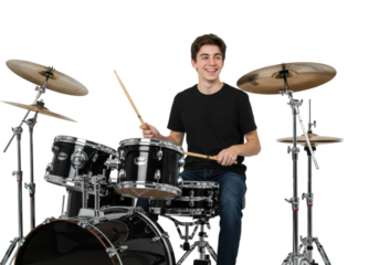 Dynamic drumming performance studio setting bright front music enthusiasm isolated on transparent background