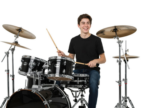 Dynamic drumming performance studio setting bright front music enthusiasm isolated on transparent background