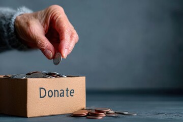 Hand placing coins into a donation box, actively supporting a charitable cause and contributing to community welfare and kindness
