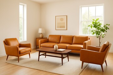 Fototapeta premium mid century modern living room with leather furniture, warm tones, and natural light, perfect for a stylish and cozy atmosphere