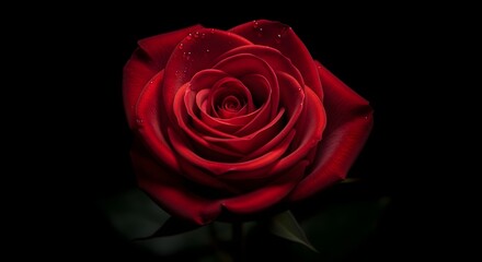 Velvet Red Rose with Dew Drops on Black Background, Romantic Close-Up