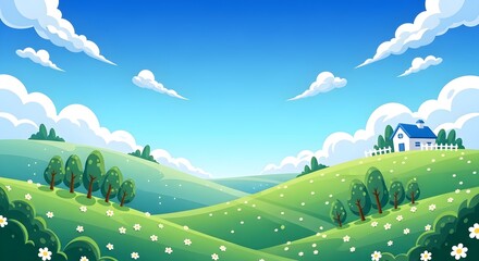 Vibrant Stylized Countryside with a Quaint House on a Daisy-Dotted Hill