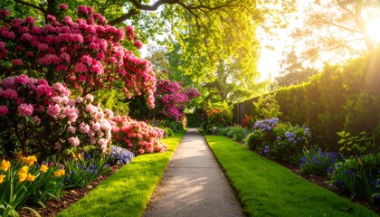 A paved walkway through a vibrant garden bursting with colorful flowers and lush greenery.