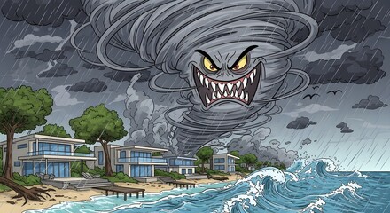 Cartoon Tornado Threatening Coastal Homes with Angry Face, Stormy Weather.