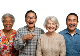 Joyful group of seniors laughing together in studio setting embracing friendship and community isolated on transparent background