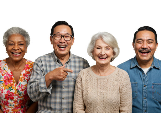 Joyful group of seniors laughing together in studio setting embracing friendship and community isolated on transparent background