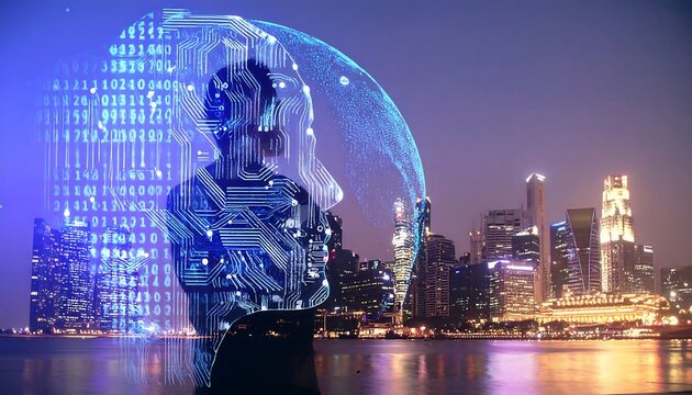 Digital human silhouette against a cityscape at night.