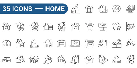 Home line icon set. Includes home, building, buying, renting, property, address, loan, house, key, buy, sell. Editable stroke. Vector illustration