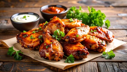 BBQ Chicken Wings with Sauces, and Wooden Table.
