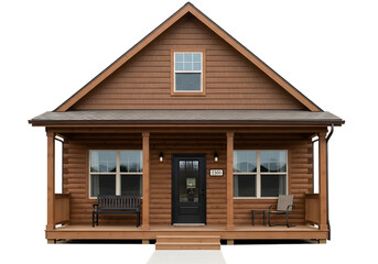 Cozy log cabin facade with wooden porch details, windows, and door on transparent background