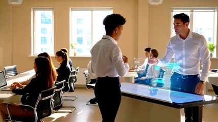 Business Professionals Collaborate Using Futuristic Interactive Display in Modern Office - Powered by Adobe