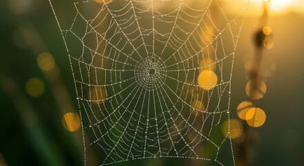 A spiderweb covered in dew drops hanging in a garden with a blurred background of green and yellow light