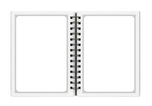 Open spiral notebook showcasing blank white pages for creative designs on transparent background
