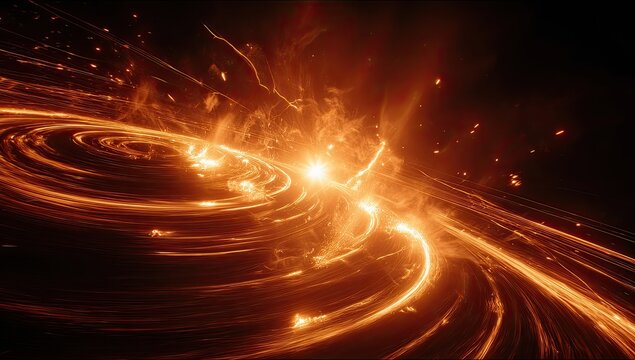 Glowing orange and yellow swirling energy, fiery particles and light streaks radiate from a central point against a black background, resembling a cosmic event or abstract nebula