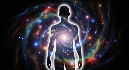 Silhouette of a human figure filled with a swirling galaxy and colorful nebula in a dark space