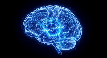 Blue brain with electrical activity and circular patterns on a black isolated background image
