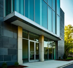 A modern hotel building with a reflective glass facade reflecting the city view, taken in the afternoon with warm lighting. Located in an urban area with surrounding high-rise buildings. Suitable for 