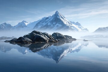 Serene snow-capped mountain peak reflected in a still, misty lake; dark rocks jut from the calm water in the foreground