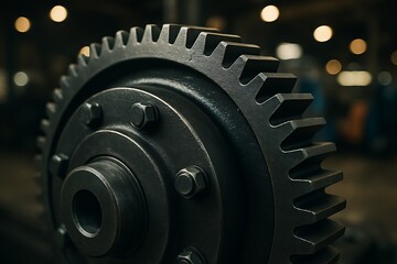 close up view of an intricate industrial gear with bolts, showcasing mechanical precision and manufacturing in a workshop