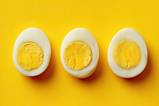 Three halved hard-boiled eggs arranged in a row on a vibrant yellow background, showcasing their bright yellow yolks and firm whites