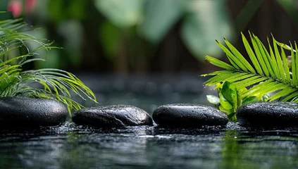 Fototapete Toilette Three wet, dark stones nestled in lush greenery, partially submerged in calm water, creating a serene, tranquil scene  © Oblixaproject