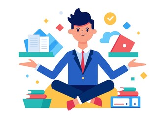 Business Man Balancing Workload in Lotus Position Achieving Productivity and Mindfulness at Work