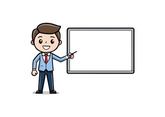 Cartoon Man in Suit Presenting on Whiteboard Teacher or Business Professional Vector Illustration