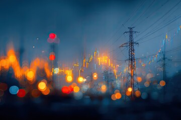 Night cityscape blurred with financial chart overlay