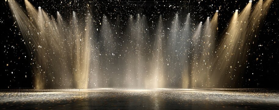 Illuminated stage with golden light and glittering particles - Powered by Adobe