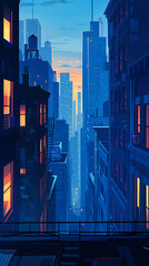 Vibrant Illustrated Cityscape at Sunset