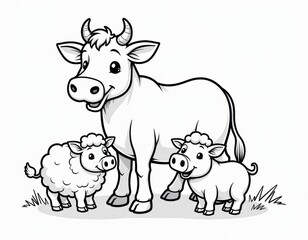 Fototapeta premium Cute Farm Animals Coloring Page Cow, Sheep, and Piglet Outline
