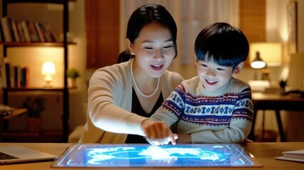 Mother and Son Explore Futuristic Interactive World Map - Powered by Adobe