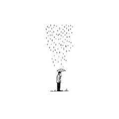 A minimalist drawing of a person standing under heavy rain holding an umbrella in a simple landscape