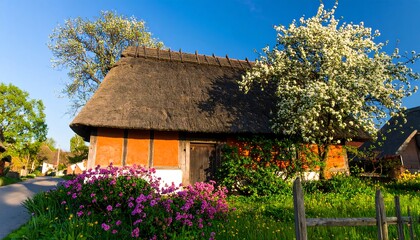 Charming thatched-roof cottage in a picturesque village setting.