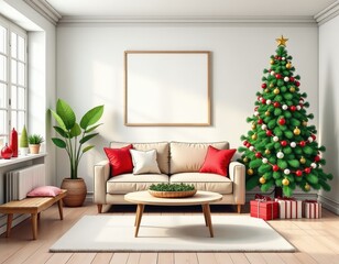 Cozy Modern Living Room Decorated for Christmas with Blank Frame