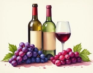 Elegant Wine Bottles, Glass, and Grapes on Light Background