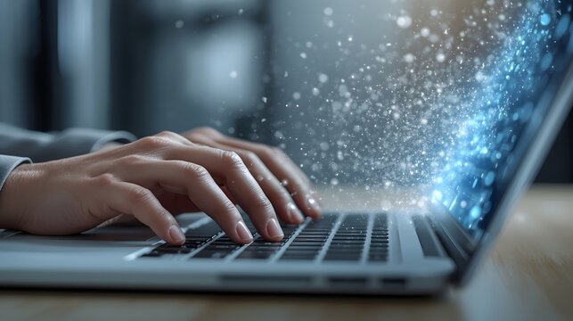 Creative digital concept of technology innovation with sparkling particles emerging from human hands typing on a modern laptop keyboard, symbolizing data, coding, and virtual network