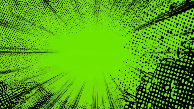 Dynamic Green Comic Book Style Animated Background with Halftone Dots and Action Speed Lines