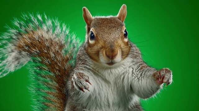 Close up of a gray squirrel with folded paws against a solid bright green colored background image green screen animal video