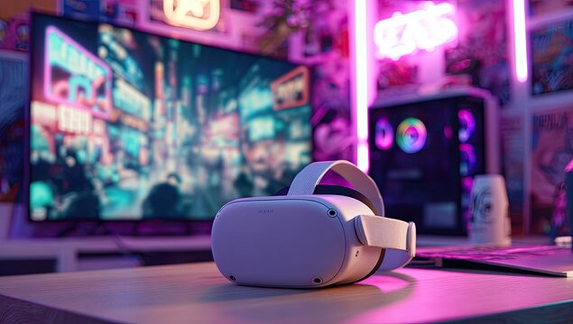 A white VR headset rests on a desk in a vibrant, neon-lit gaming setup, with a large screen displaying a dynamic cityscape behind it
