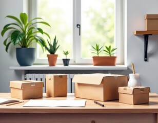 Fototapeta premium Cardboard Boxes on Desk for E-commerce Shipping and Home Office Logistics