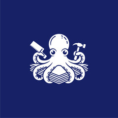 Fototapeta premium A white octopus holding a saw and hammer while sitting on a stack of wood planks against a blue background.